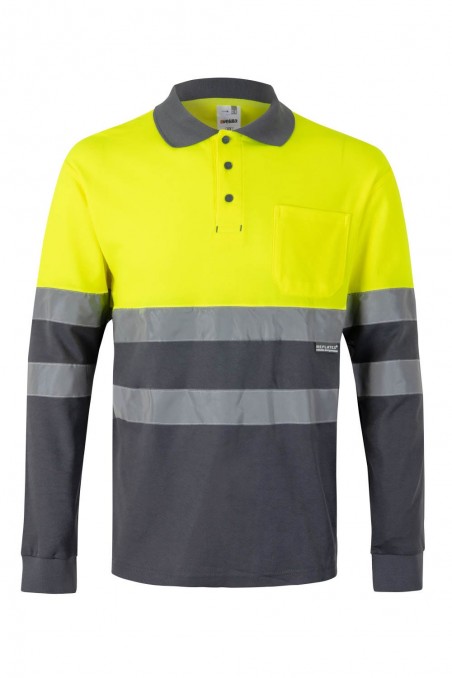 Polo Cotone Bicolore ML AV Grigio/Giallo Fluo